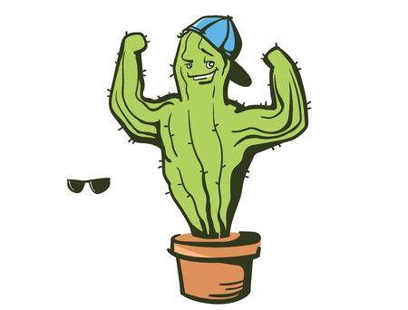 Cactus show muscle biceps. Vector color cartoon illustration isolated on white. Sport Cactus character conceptのイラスト素材