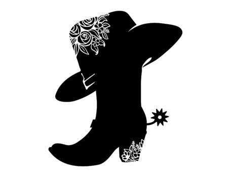 Cowboy boot black silhouette for text or decoration. Vector Cowgirl party printable illustration isolated on white. Western boot and hatのイラスト素材