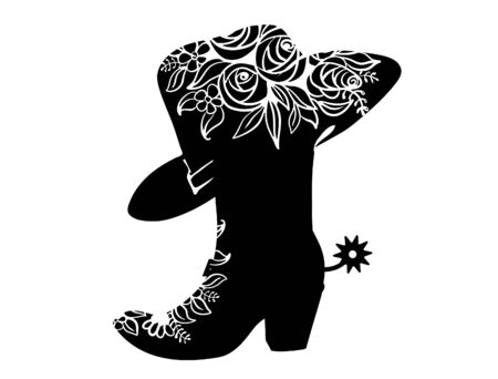 Cowboy boot black silhouette for text or decoration. Vector Cowgirl party printable illustration isolated on white. Western boot and hat backgroundのイラスト素材