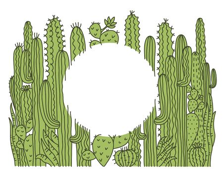 Cactuses frame background. Green Succulent vector hand drawn illustration for text or design isolated on white.のイラスト素材