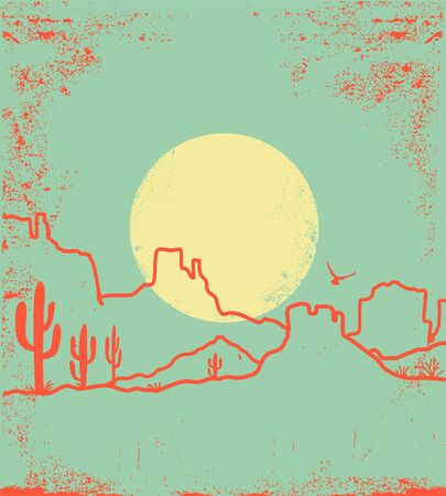 Vintage Desert landscape with Cactuses and Canyon. Arizona desert with yellow sun and cactuses silhouette on antique old paper texture のイラスト素材