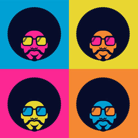 Retro Disco dance poster 70s. Vector bright color portrait man with retro sunglassesのイラスト素材