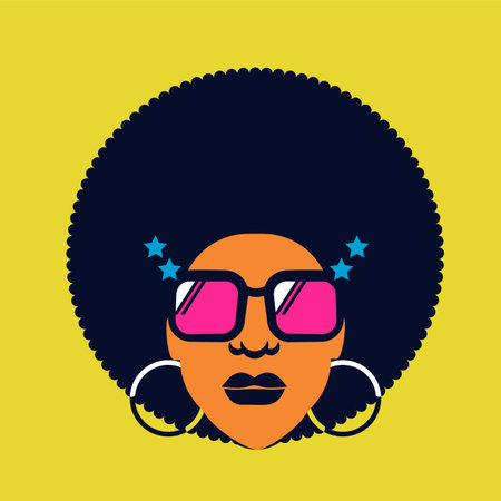 Retro Disco woman 70s hairstyle. Vector bright color silhouette portrait woman with retro sunglasses...