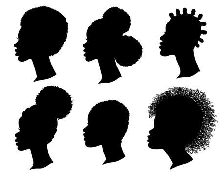 African American women profile black silhouette. Set of vector heads isolated on whiteのイラスト素材