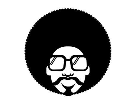 Retro Disco man 70s hairstyle. Vector black silhouette portrait man with retro sunglasses isolated on whiteのイラスト素材