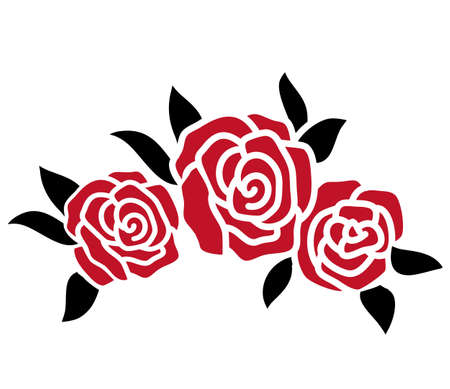 Roses tattoo. Red roses black silhouette vector illustration isolated on white for cards or printのイラスト素材