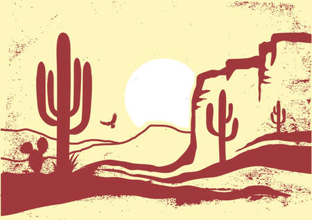 American Desert with cactuses and sun. Vintage vector of Arizona Desert Graphic illustration on old paper texture backgroundのイラスト素材