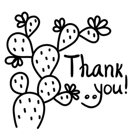 Thanks card with Cactus succulent and text. Hand draw black graphic illustration on whiteのイラスト素材