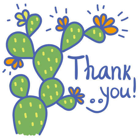 Thanks card with Cactus succulent and text. Color Hand draw illustration isolated on whiteのイラスト素材