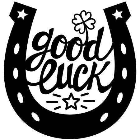 Horseshoe Lucky symbol with clover and text lettering. Vector illustration of st Patricks day clipart isolated on white for design. Good Luck Horseshoeのイラスト素材