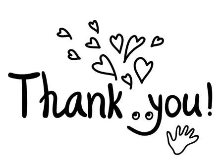 Fun Thanks card with text and hearts decoration. Hand draw black graphic background illustration on whiteのイラスト素材