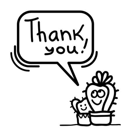 Thanks card with cute Cactus succulent and text. Hand draw black graphic illustration on whiteのイラスト素材