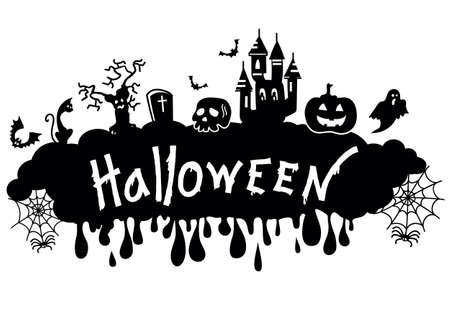 Halloween black graphic silhouette with pumpkin and text  and mystery elements. Vector printable illustration for printのイラスト素材