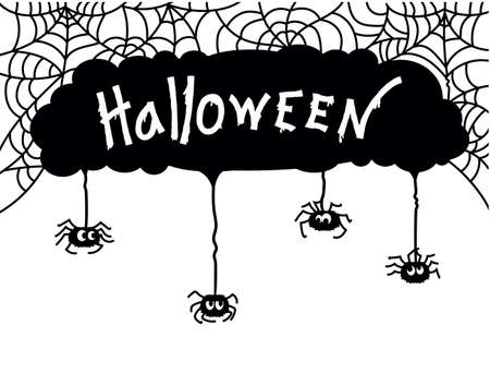 Spider Web and spiders/ Vector black graphic illustration isolated on white with Halloween text for designのイラスト素材