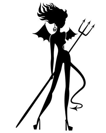sexy devil woman with long hair and tail and wings. Black silhouette isolated on whiteのイラスト素材