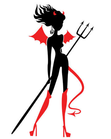 sexy devil woman with long hair and tail and wings. Black and red silhouette isolated on whiteのイラスト素材