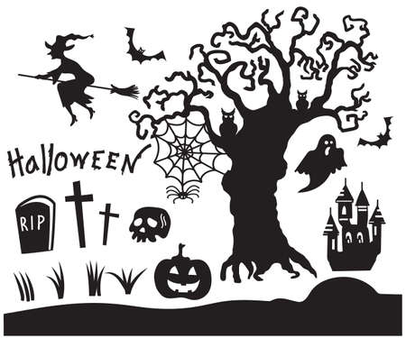 Set of Halloween black silhouette symbols isolated on white for design. Vector Halloween Characters with Textのイラスト素材