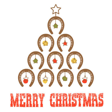 Western Christmas greeting card with Horseshoe Cowboy Christmas Tree on white background for designのイラスト素材