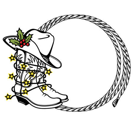 Cowboy Christmas printable Cowboy boots and hat with holiday lights. Western boots and hat background with rope frame for text or designのイラスト素材