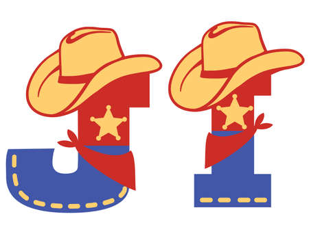 English alphabet. Vector illustration of letter J and I with western decoration Cowboy hat and sheriff star isolated on white background. Cowboy baby cartoon party style charactersのイラスト素材