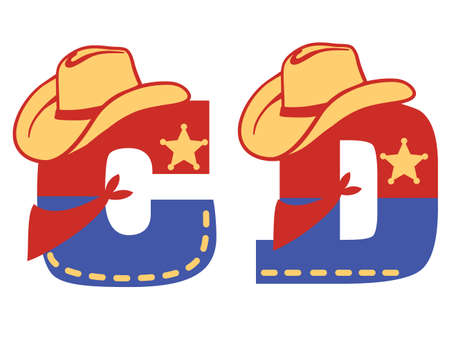English alphabet. Vector illustration of letter C and D with western decoration Cowboy hat and sheriff star isolated on white background. Cowboy baby cartoon party style charactersのイラスト素材