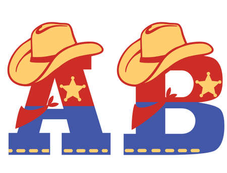 English alphabet. Vector illustration of letter A and B with western decoration Cowboy hat and sheriff star isolated on white background. Cowboy baby cartoon party style charactersのイラスト素材