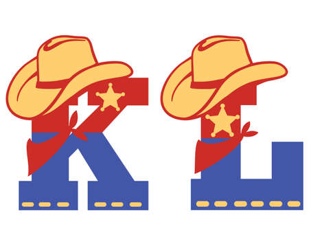 English alphabet. Vector illustration of letter K and L with western decoration Cowboy hat and sheriff star isolated on white background. Cowboy baby cartoon party style charactersのイラスト素材
