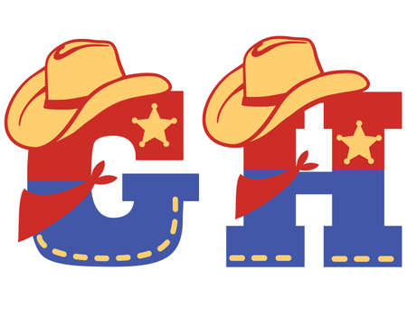English alphabet. Vector illustration of letter G and H with western decoration Cowboy hat and sheriff star isolated on white background. Cowboy baby cartoon party style charactersのイラスト素材