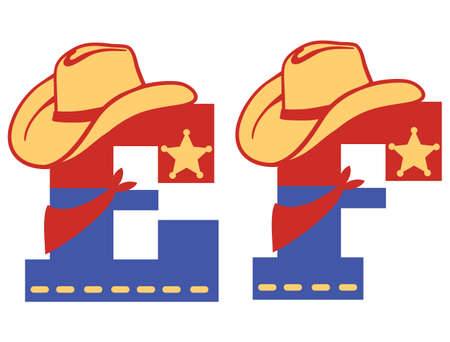 English alphabet. Vector illustration of letter E and F with western decoration Cowboy hat and sheriff star isolated on white background. Cowboy baby cartoon party style charactersのイラスト素材
