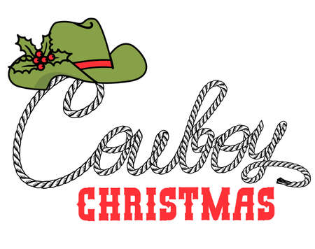 Cowboy Merry Christmas card with Cowboy hat and rope text. Vector illustration isolated on white for designのイラスト素材
