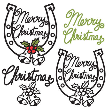 Cowboy Merry Christmas symbol with lucky horseshoe and bells. Vector black graphic silhouette rodeo Christmas text isolated on whiteのイラスト素材