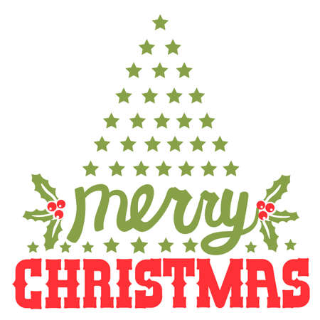 Merry Christmas greeting card with abstract Christmas tree and text. Vector graphic winter holiday lettering illustration isolated on whiteのイラスト素材