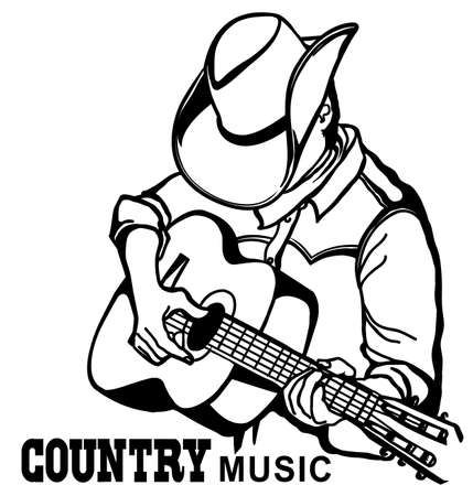 Man in american cowboy hat playing acoustic guitar. Vector country music graphic illustration isolatedon white with text for designのイラスト素材