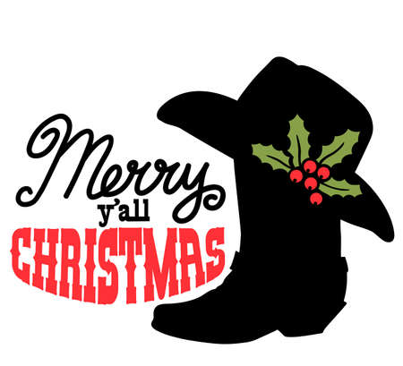 Cowboy Merry Christmas. Vector printable illustration with Cowboy Country boot and Western hat and holiday text isolated on white for design.のイラスト素材