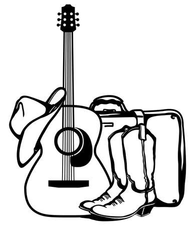 Country guitar music travel. Acoustic guitar, cowboy boots and American hat with suitcase. Outline vector illustration isolated on white for designのイラスト素材