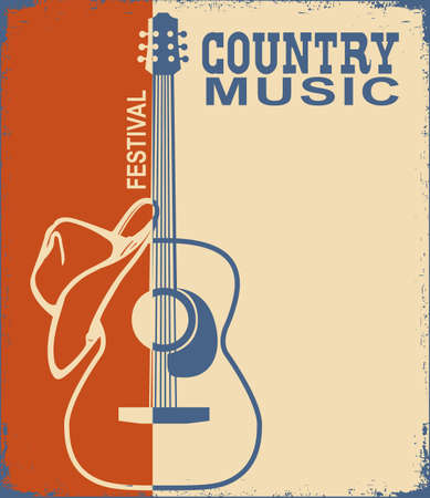 Acoustic guitar and cowboy American hat for text. Vintage Country music of Vector poster with grunge frame backgroundのイラスト素材