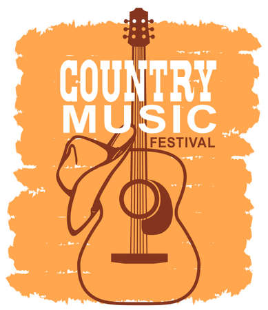 Country music of acoustic guitar and cowboy American hat. Vector music poster background with textのイラスト素材