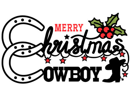 Cowboy Christmas text with holly berry and christmas lights star decorationand cowboy boots silhouette. Vector black printable illustration isolated on whiteのイラスト素材