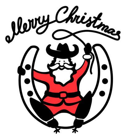 Christmas Santa in cowboy shoes sit on lucky horseshoe with lasso text. Vector printable black graphic illustration isolated on whiteのイラスト素材