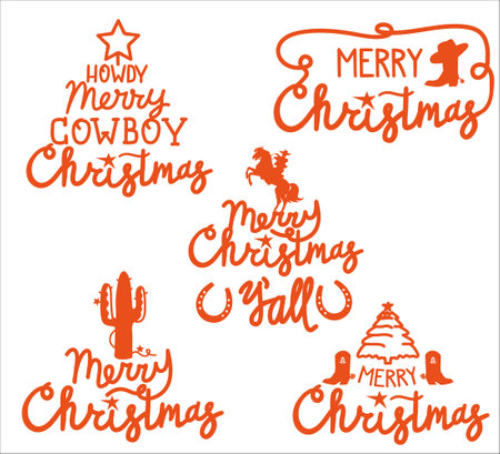 Cowboy Merry Christmas set with typography text. Vector cowboy labels for greeting cards or banners isolatedのイラスト素材