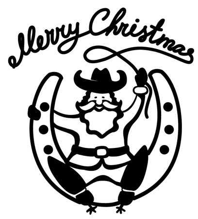 Christmas Santa in cowboy shoes sit on lucky horseshoe with lasso text. Vector printable black graphic illustration isolated on whiteのイラスト素材