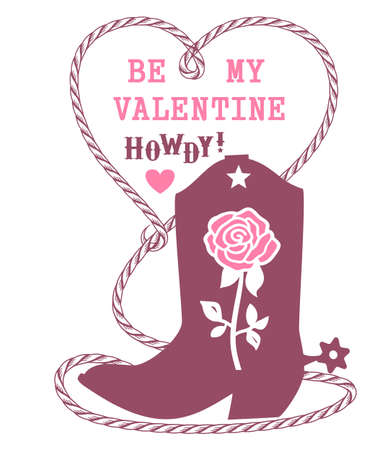 Cowboy boot with flower rose decoration and rope frame. Vector Wild West boot Rodeo illustration Country Valentine day isolated on white for design or printのイラスト素材