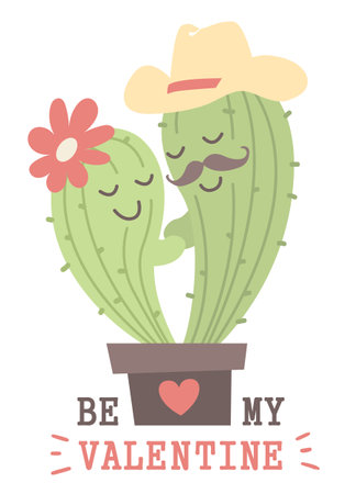 Cactus hug vector illustration. Cute Love Cactus in cowboy hat for Valentine day and textのイラスト素材