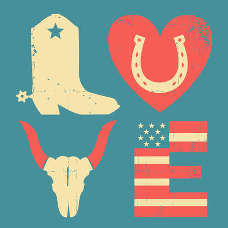 American Wild West traditional symbols. Vintage Cowboy vector grunge printable symbol text with cowboy boot and Wild West objects on old paper textureのイラスト素材