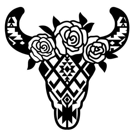 Cow skull with traditional aztec ornament and flowers on head. Vector print art black graphic illustration isolated on whiteのイラスト素材
