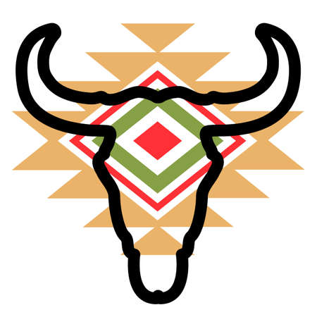 Cow skull silhouette with vintage traditional aztec ornament on head. Vector print art black graphic illustration isolated on whiteのイラスト素材