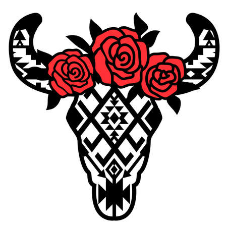 Cow skull with traditional aztec ornament and red flowers on head. Vector print art black graphic illustration isolated on whiteのイラスト素材