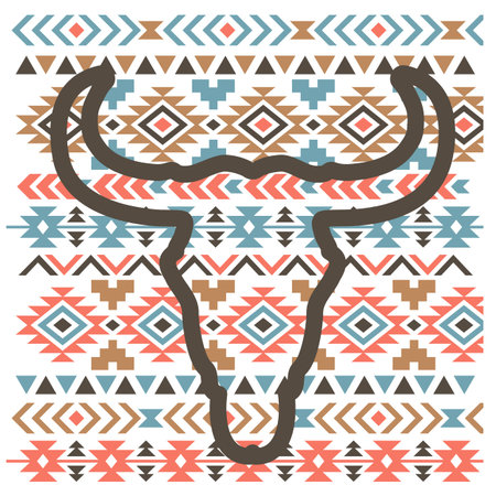 Cow skull silhouette with vintage traditional aztec ornament on head. Vector print art black graphic...