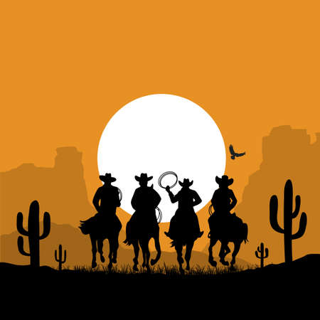 Cowboys silhouette riding horses at sunset desert landscape. Vector prairie desert with sun and sky American Desert landscape silhouette illustration backgroundのイラスト素材