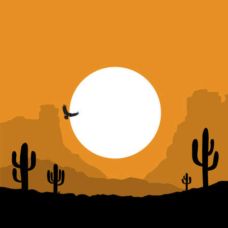 American Desert landscape with cactuses silhouette illustration. Vector American sunset Arizona desert backgroundのイラスト素材